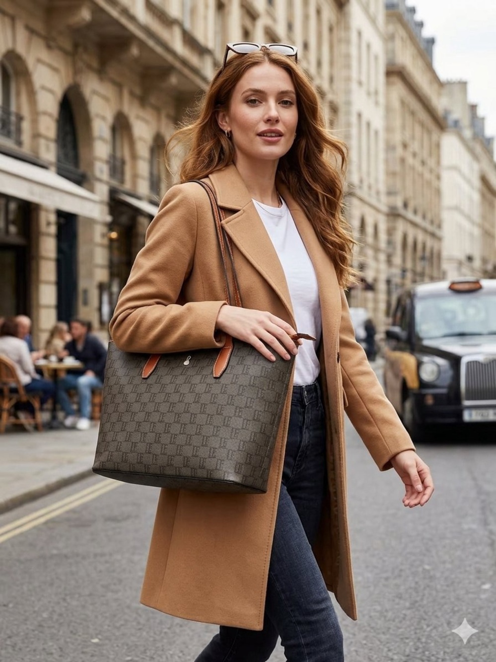 London Fog Logo “Tweed” Tote Bag Tan and Dark Gray with Structured Design.